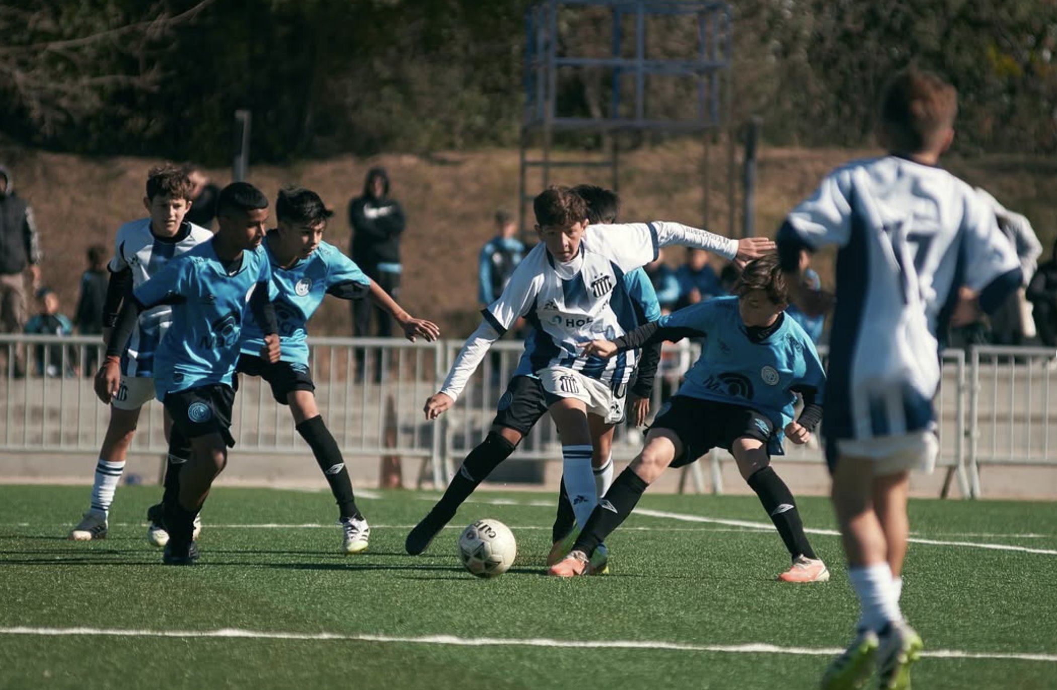 Youth soccer players competing for the ball during a match