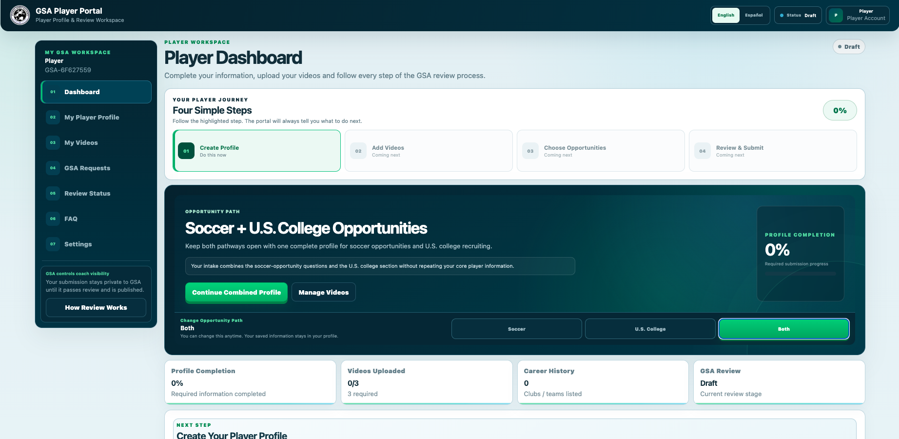 GSA Player Portal dashboard showing profile creation, video uploads, opportunity selection and review status