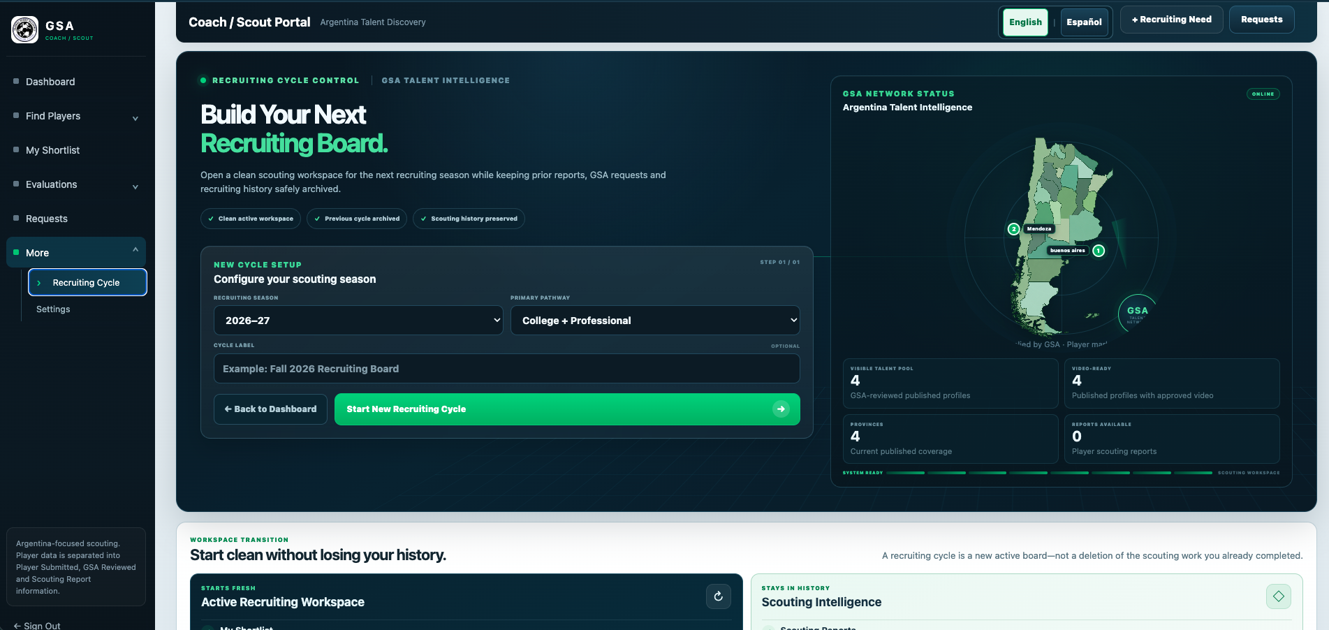 GSA Coach / Scout Portal recruiting-cycle screen showing player search, shortlist, evaluations, requests and an Argentina talent map